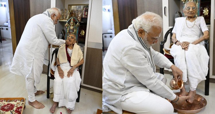 भारत : आमाको १०० औँ जन्मदिनमा खुट्टा धोएर आशीर्वाद लिए प्रधानमन्त्री मोदी