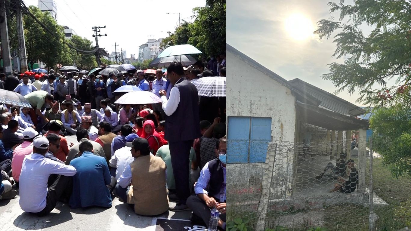 बाँया तस्बिर/शिक्षक आन्दोलनले पठनपाठन नभएपछि सुनसरीको कोशी गाउँपालिकामा सुनसान रहेको जगदीश आधारभूत विद्यालय