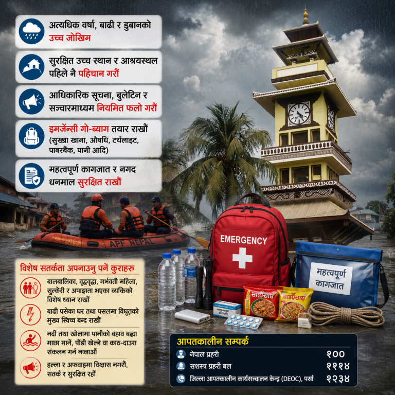 अत्यधिक वर्षाको जोखिम बढ्दै, पर्सा प्रशासनद्वारा उच्च सतर्कता अपनाउन आग्रह